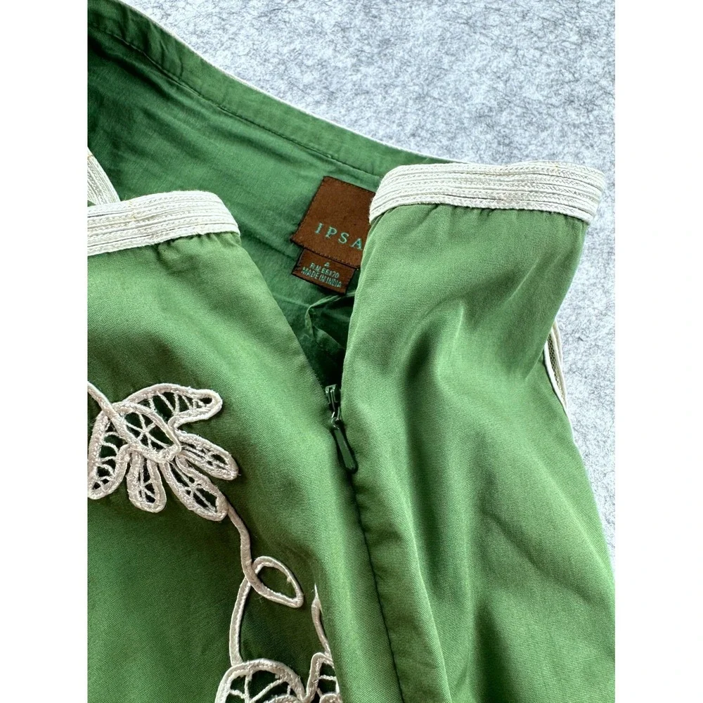 IPSA Anthropologie Floral Embroidered A-Line Skirt Women 4 Green 100% Cotton Y2K